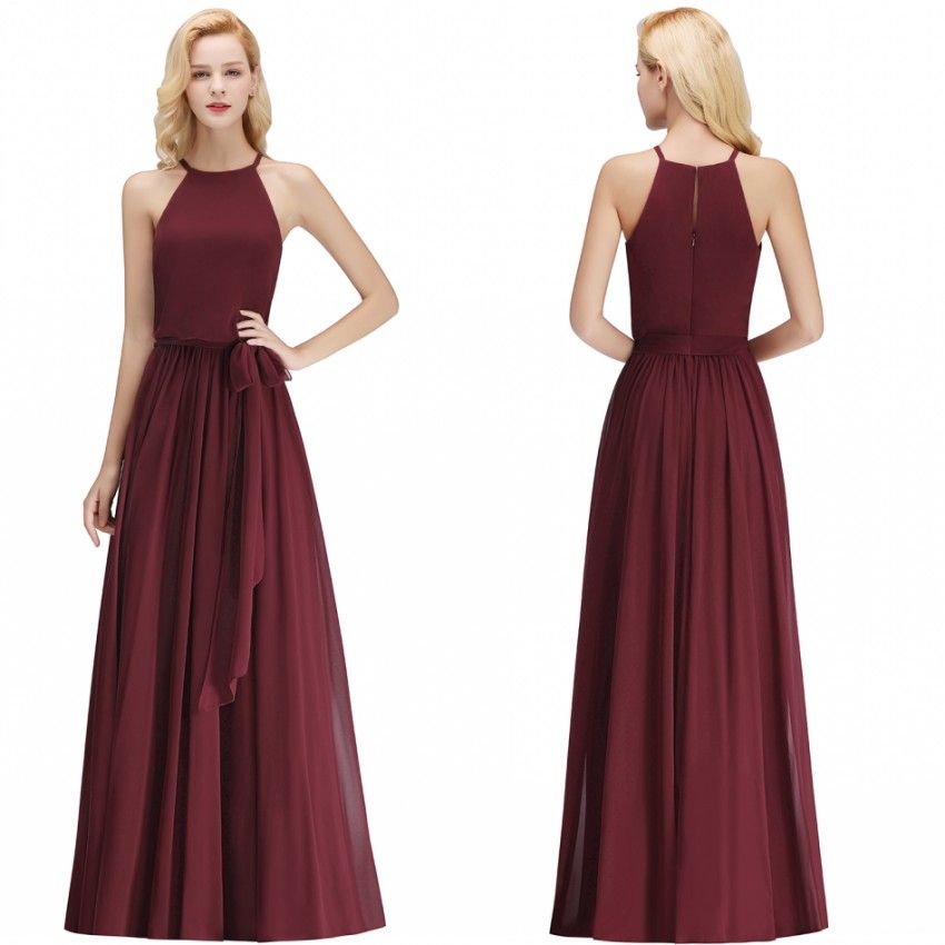 burgundy halter bridesmaid dress