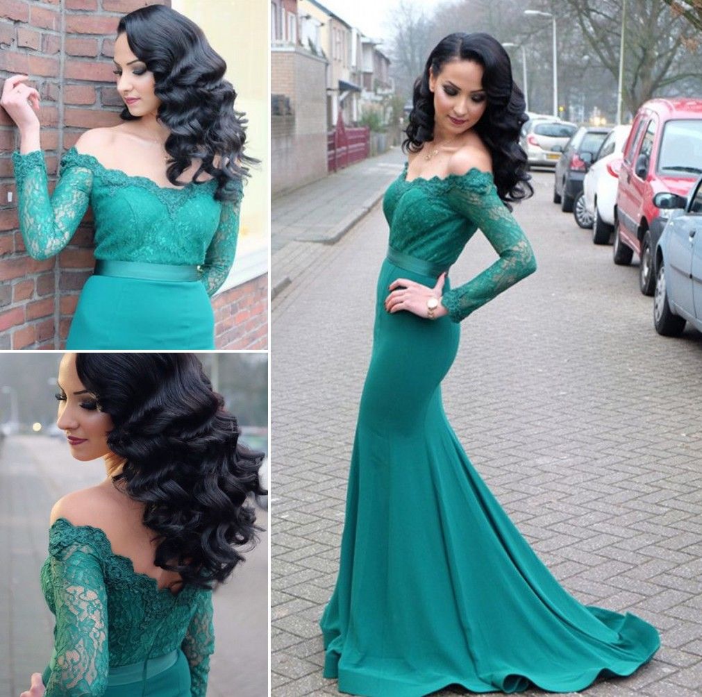Green Off The Shoulder Mermaid Evening Dresses Long Sleeves Lace Satin
