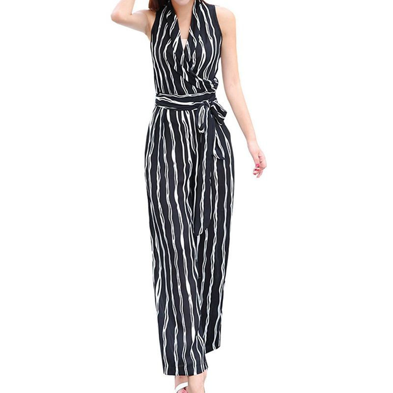 2019 Belt Waist Black And White Striped Jumpsuit For Women 2018