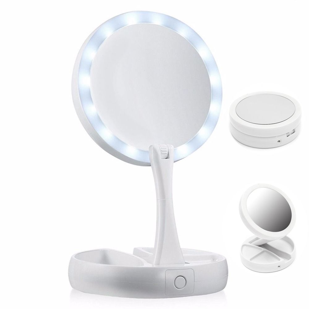 Double Sided Round Rotation Led Lighted Makeup Mirror Adjustable Folding Desk Cosmetic Mirrors With Storage And 10x Magnifying