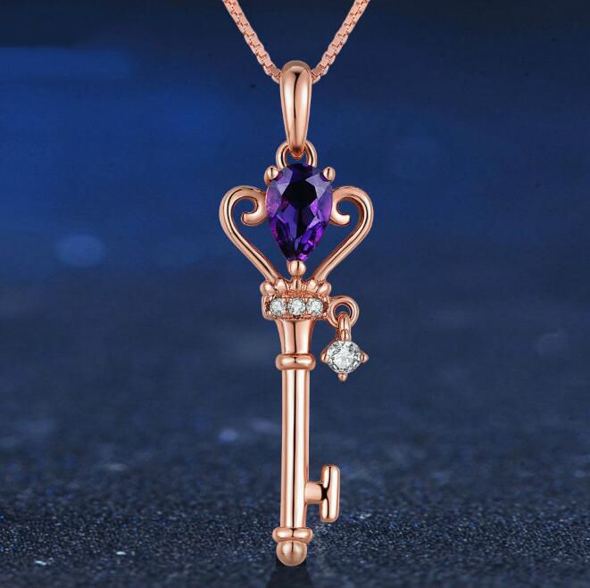 Crown Key Pendant Necklace 6x4mm 0.4ct Natural Teardrop Amethyst 925 Sterling Si