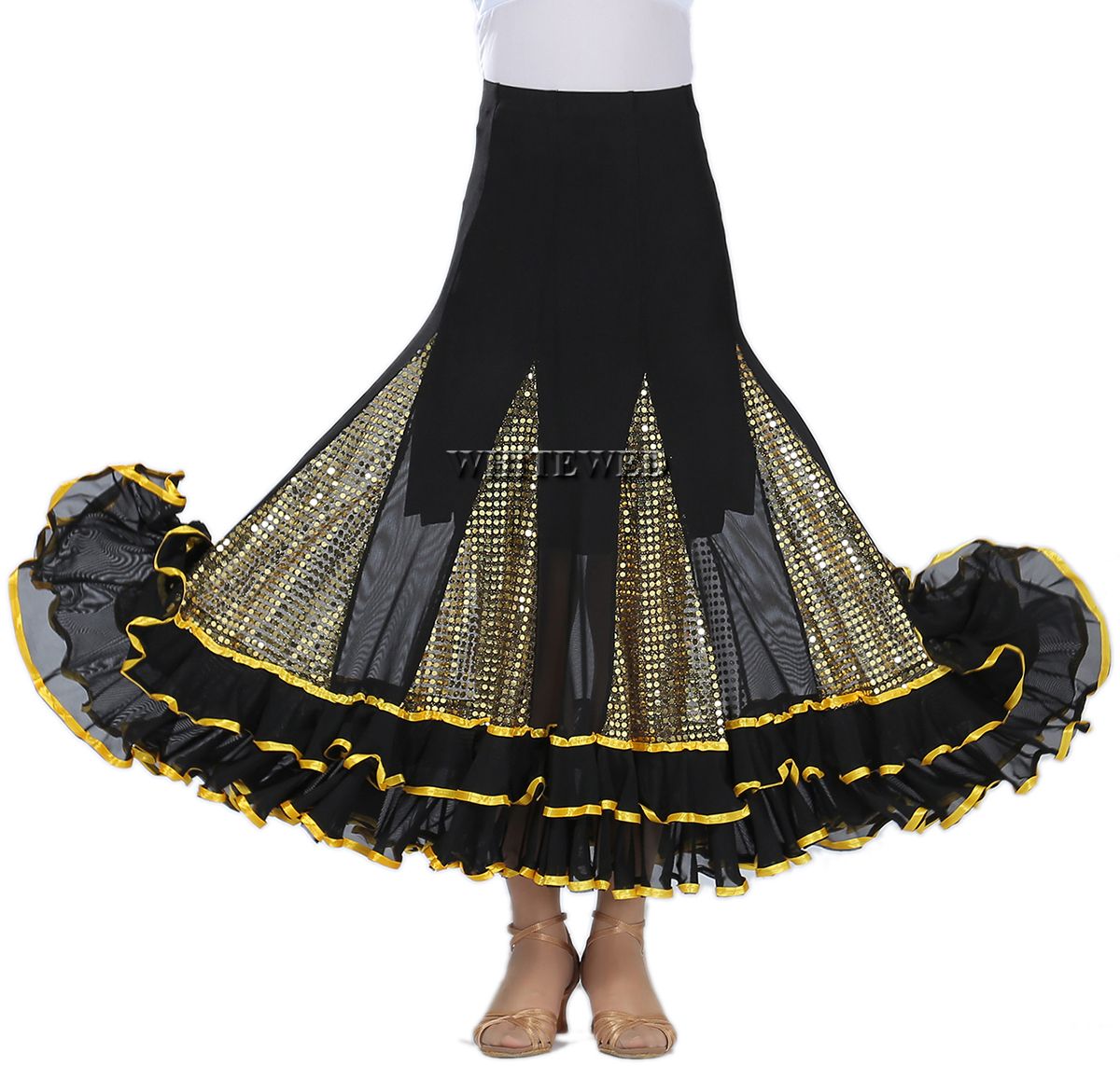 2021 Whitewed Quickstep Folklorico Ballroom Jive Practice Skirt Waltz Dance Ruffle Glitter Long