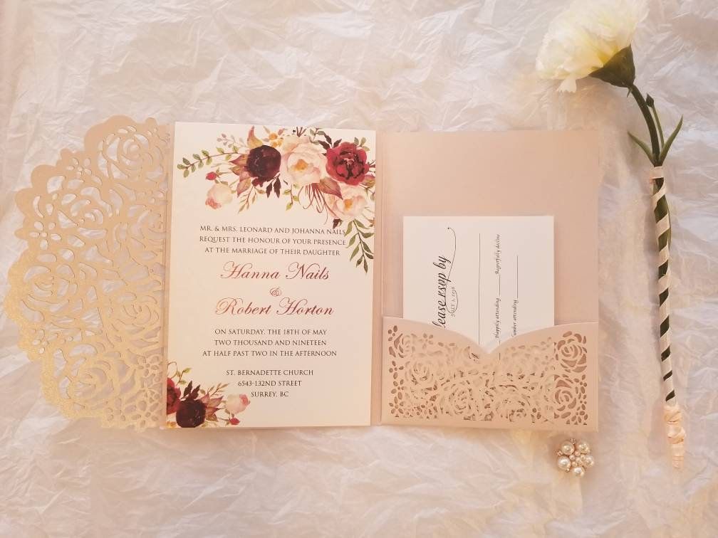 blush pink laser cut trifold wedding invitation with rsvp card 20 trifold wedding invitations