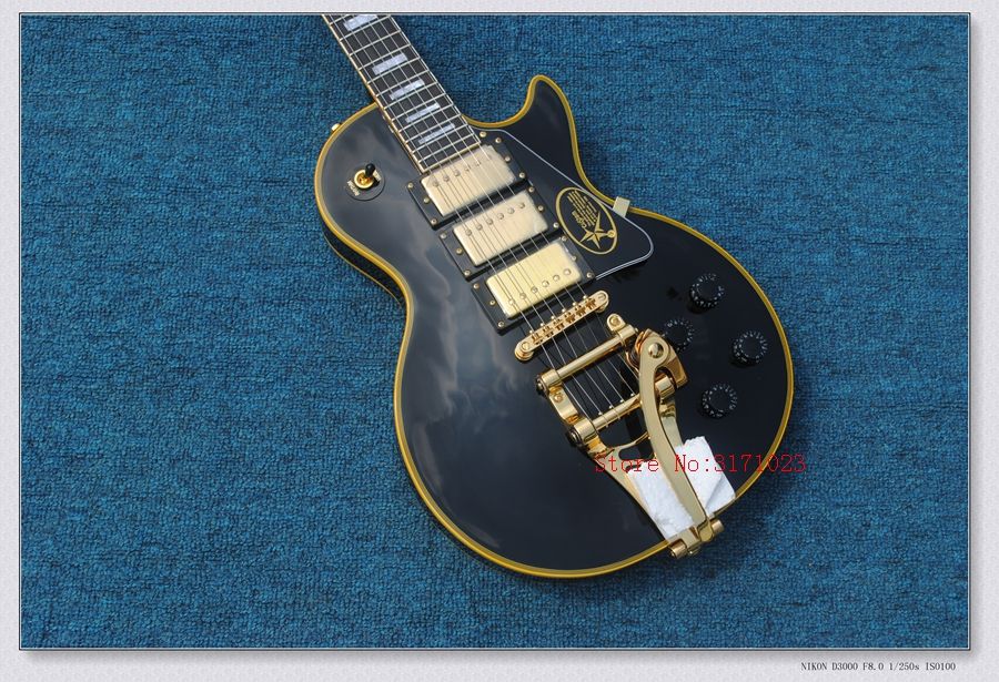 Black Custom Electric Guitar Yellow Binding With Tremolo Mahogany Body