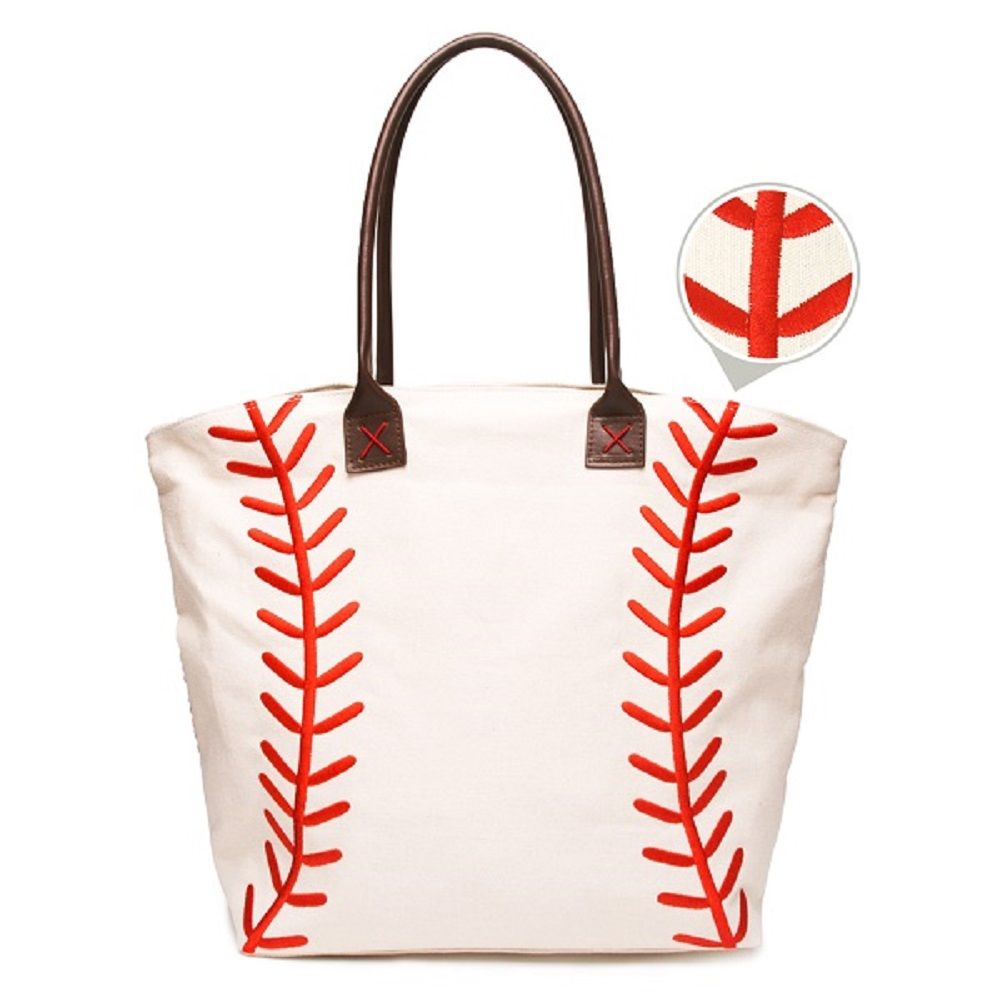 Wholesale Blanks Embroidery Canvas Baseball Tote Bag Red Lace Baseball Purse With PU Handle And ...