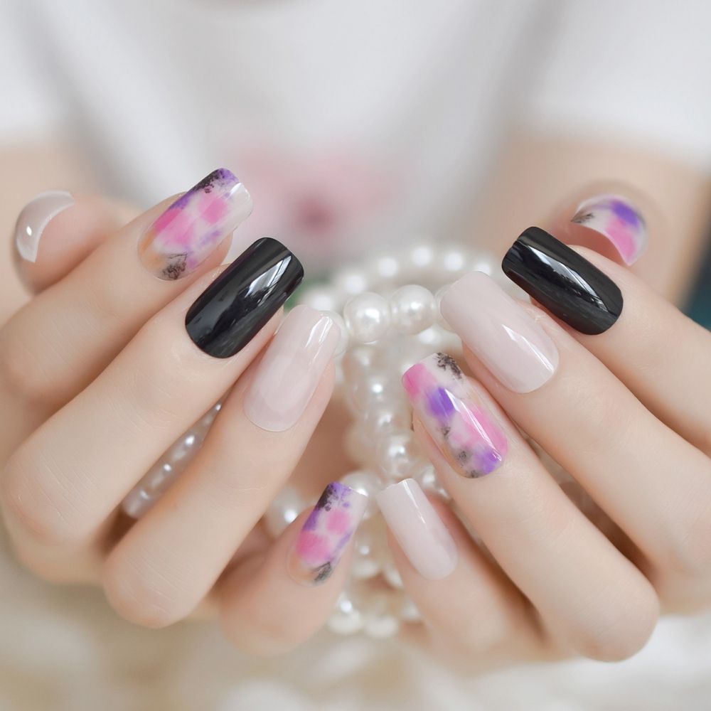 Nail Design Kit Black Floral White Square Medium Fake Nails Shiny Nail Design Kit Black Floral White Square Medium Fake Nails Shiny