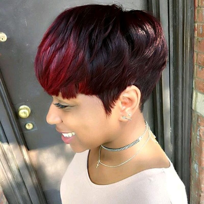 Short Huaman Hair Wigs Red Highlight Bangs  Pixie  Cut 