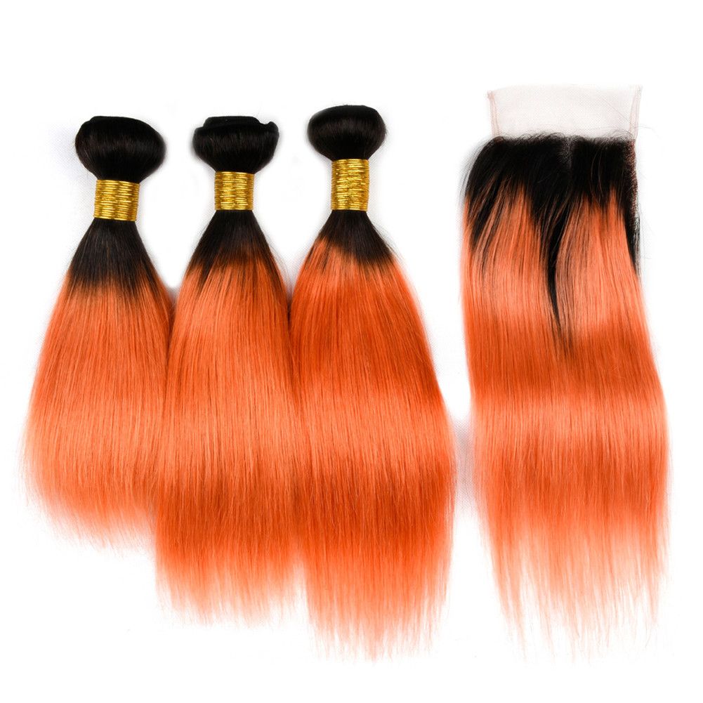 Two Tone 1b Orange Hair Extensions With Lace Closure Ombre Color