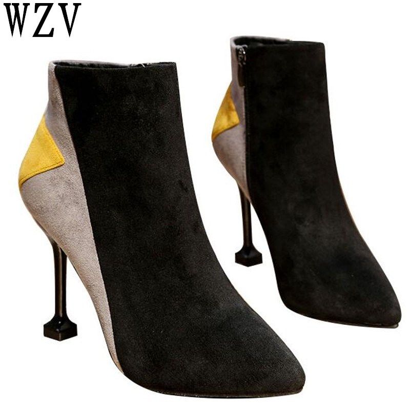 Großhandel 2018 Frauen Wildleder High Heels Stiefeletten Fashion Glänzende Patent Spitzschuh Frauen Flache Schuhe