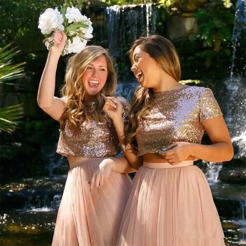 2019 Junior  Bridesmaid  Dresses  Rose  Gold  Blush Sequin 
