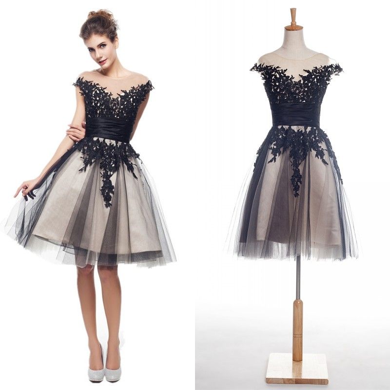 Sexy Black Prom Dress Knee Length Party Dresses Pleats Tulle with Black ...