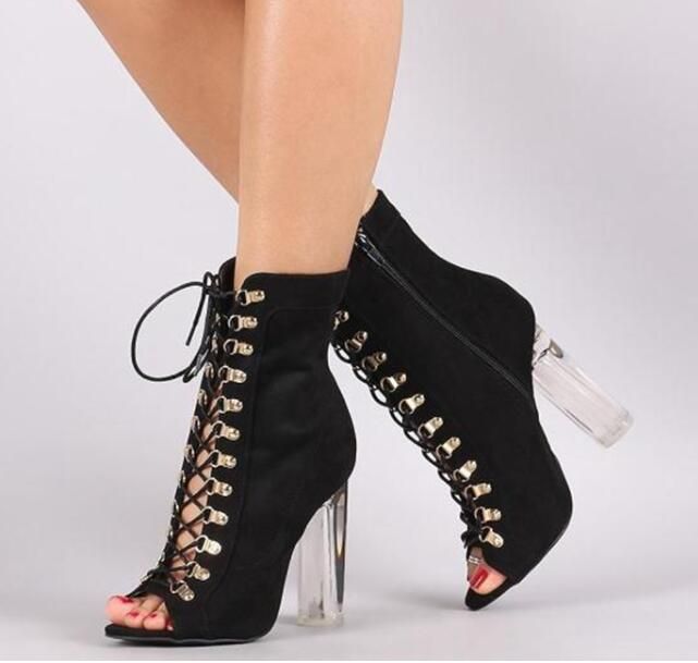 Reino Unido Mujer Tacones de aguja Peep Toe calado Sandalias Botas Zapatos discoteca de alto del muslo