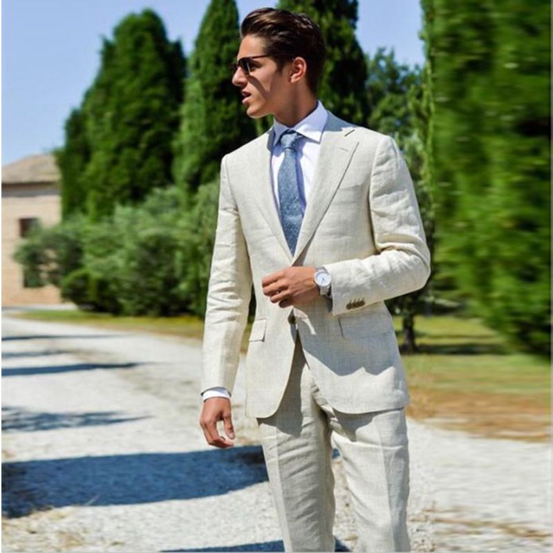 2018 Summer Beach Men Suits Beige Linen Custom Made Tailored Groom