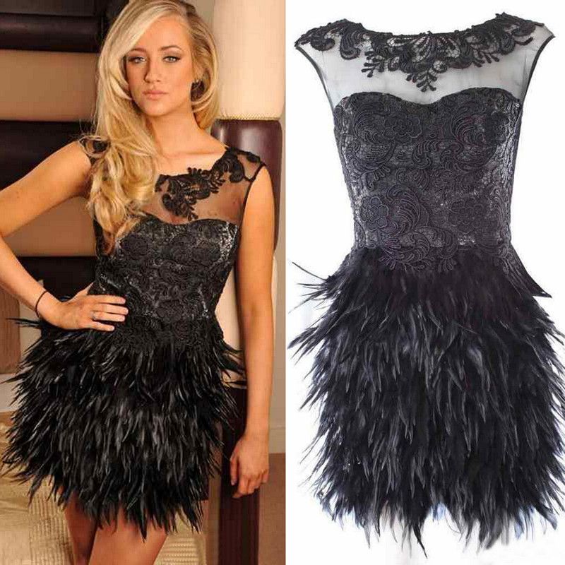 black cocktail dress with feathers