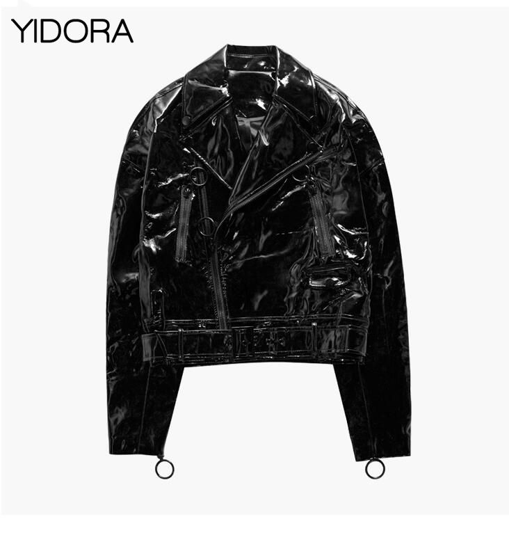 2019 Circle Zipper Embellished Patent Leather Jacket Match With 2019 Circle Zipper Embellished Patent Leather Jacket Match With Buckle Belt Fall Winter 2018 Women Black Lapel Faux From Bdress001