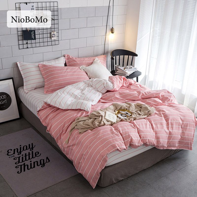 Niobomo Pink And White Bedding Set Simple Stripes Duvet Cover Twin Full Queen King Size Active Printing 4pcs Bedclothes