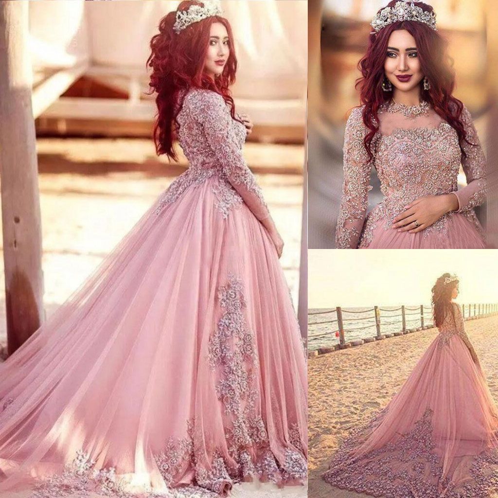 pink formal gowns with sleeves