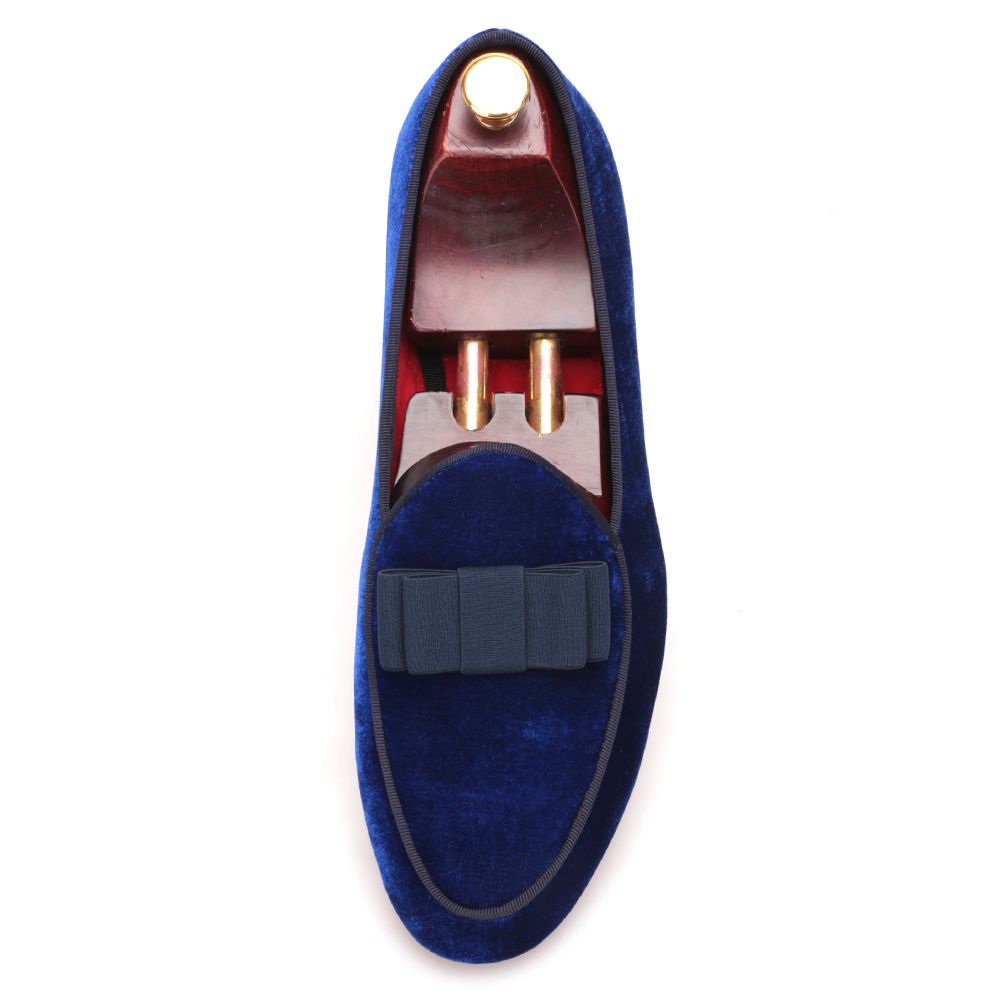 Royal Blue Velvet Handmade Men Shoes With Navy Bowtie Fashion Prom And