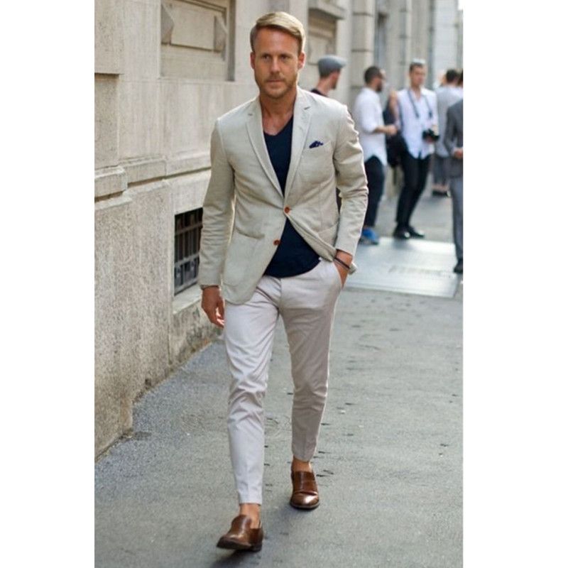 2019 Latest Coat Pant Designs Beige Linen Men Suits Casual Summer