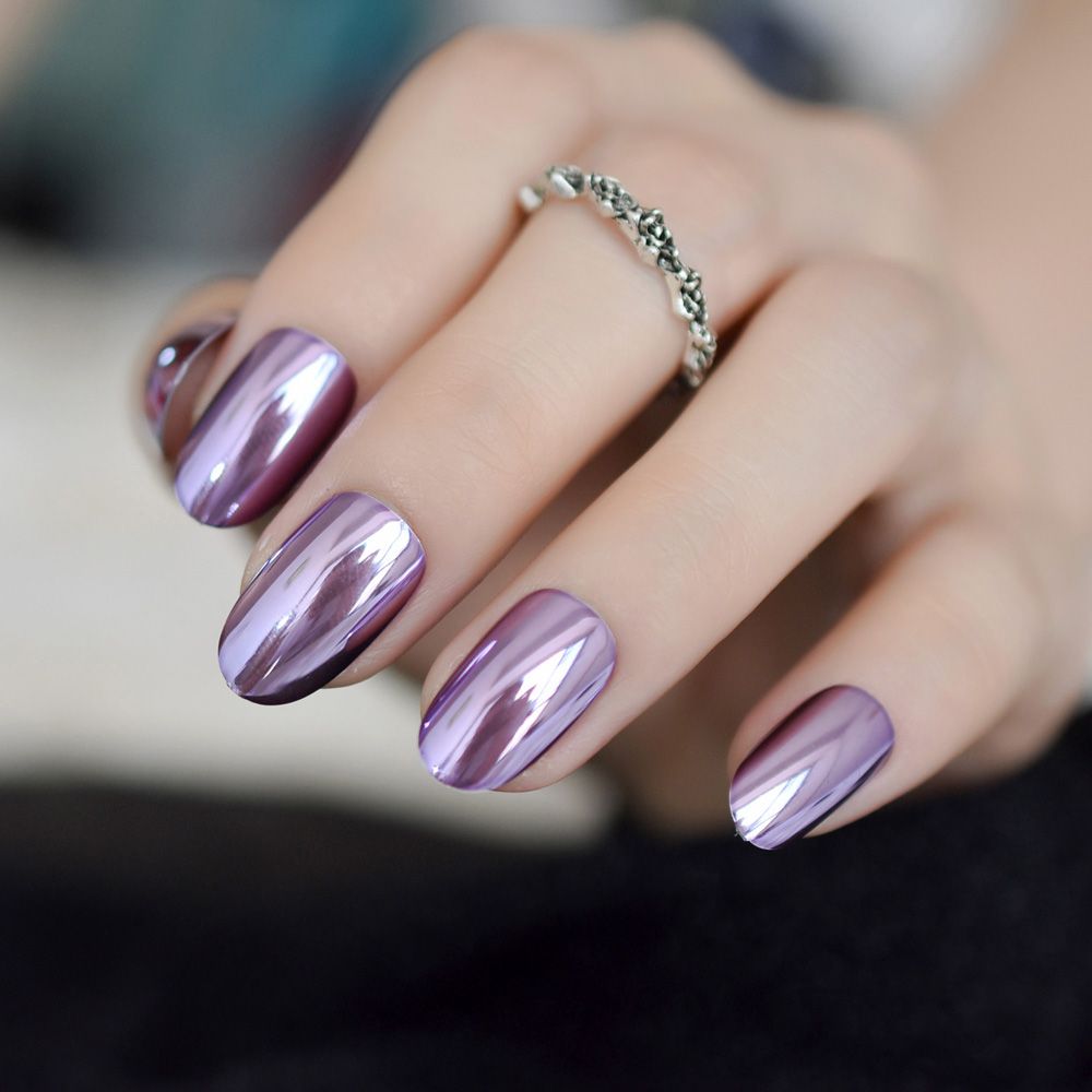 Fashion Light Purple Metallic False Nail Tips Mirror Plate Manicure
