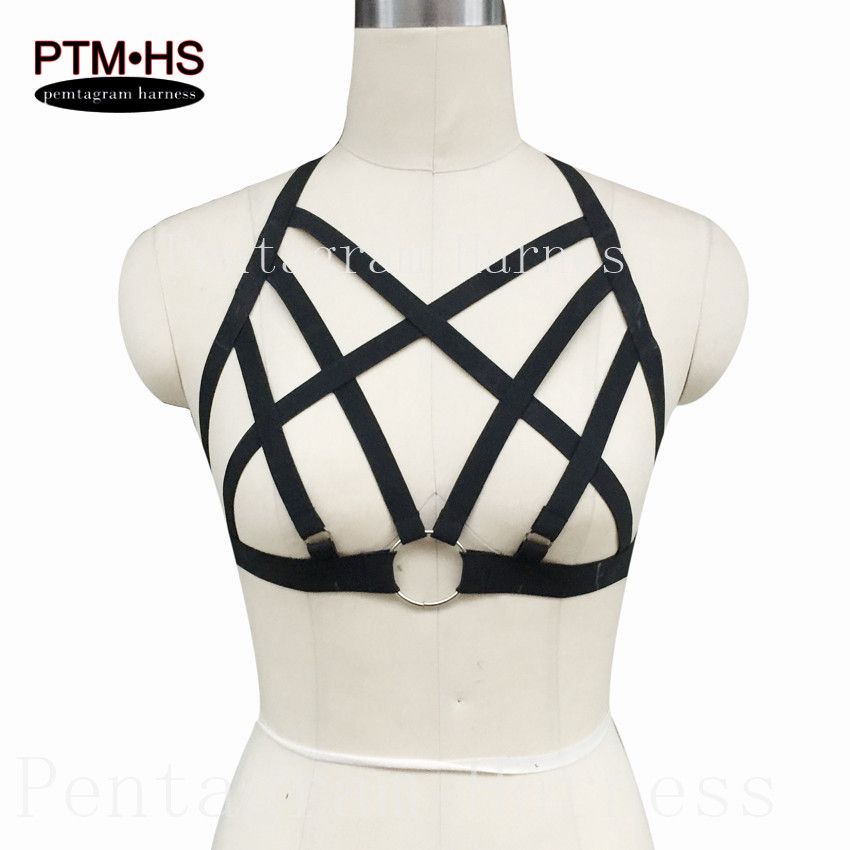 pentagram harness goth bondage body harness cage bra womens black elastic strappy top halter bra erotic sexy garter belt