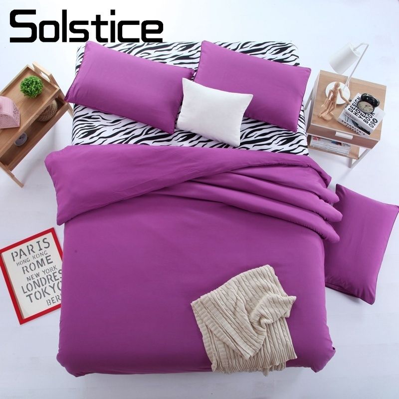 Solstice Home Textile Zebra Stripe Solid Purple Bedding Set Woman Teenage Girl Linen Duvet Cover Pillowcase Bed Flat Sheet