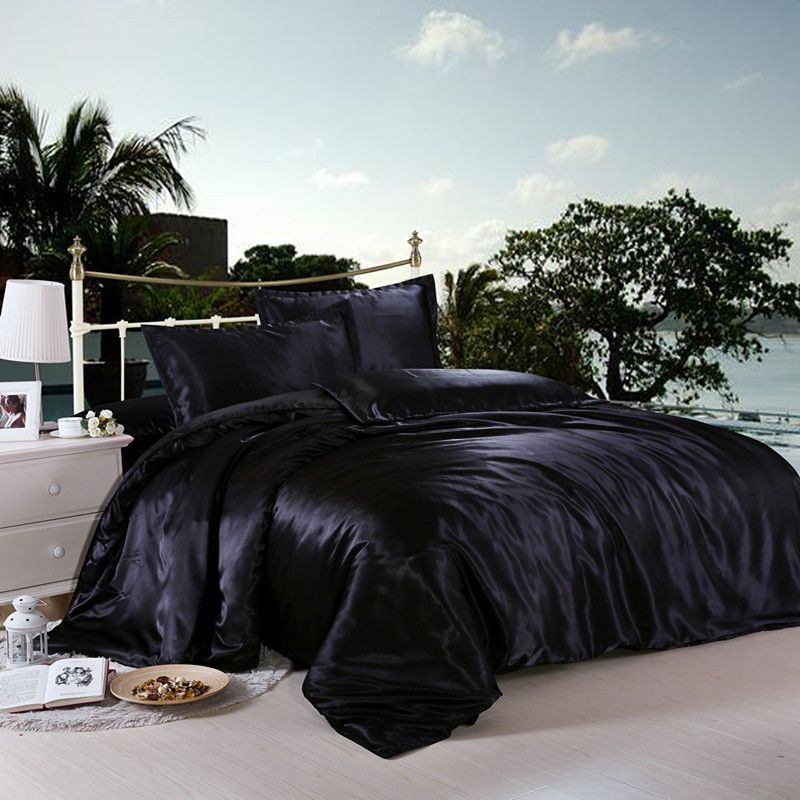 Full Queen King Silk Bedding Quilt Duvet Cover Sets Black Gold Silver Satin 4pcs Set Bed Sheet