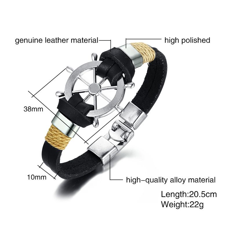 Black Mens Helm Leather Charm Bracelet With Alloy Helm Charm Leather Cuff Bracelet For Men 20cm Length 