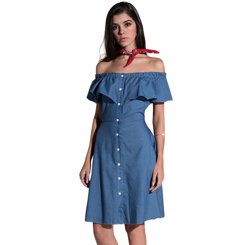 Satın Al Seksi Kadınlar Midi Denim Elbise Kapalı Omuz Ruffled
