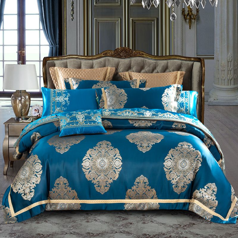 Blue Color Luxury Royal Bedding Set Bed Flat Sheet Spread Blue Color Luxury Royal Bedding Set Bed Flat Sheet Spread Pillowcase Queen King Satin And Cotton Duvet Cover