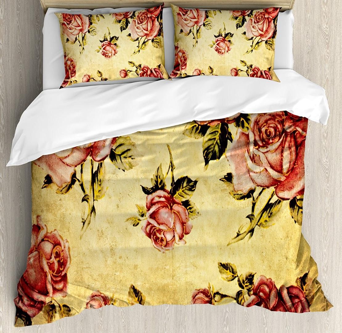 Duvet Cover Set Old Fashioned Victorian Style Rose Pattern With Dramatic Color Boho Art Design 4 Piece Bedding