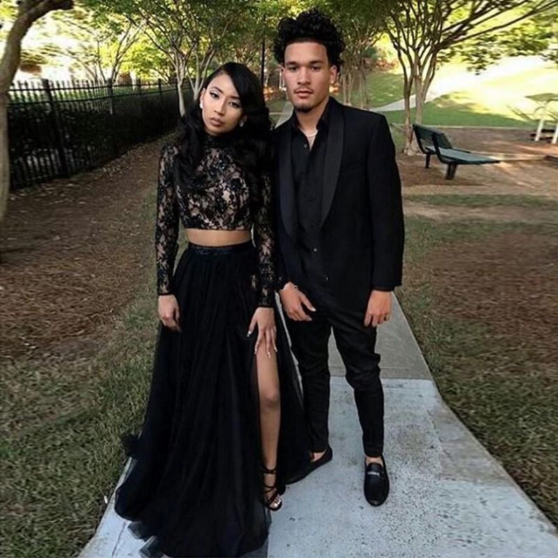 Two Piece Black Prom Dresses Long Sleeve Lace Top A Line 