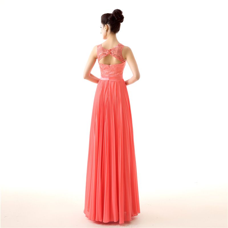 Coral Chiffon Lace Bridesmaid Dresses Floor Length Zipper Back Wedding