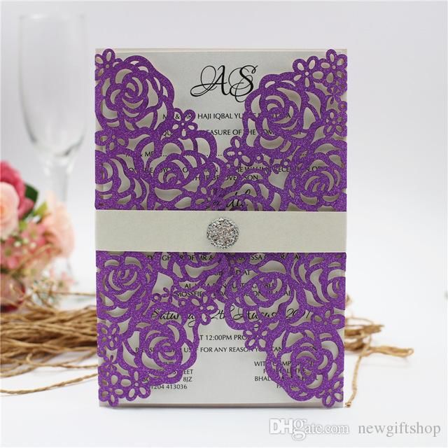 diamond wedding invitations 2019 purple laser cut flower glitter