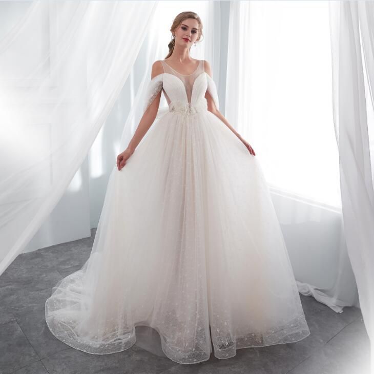 compre 2018 a line en stock blanco tulle vestidos de novia apliques