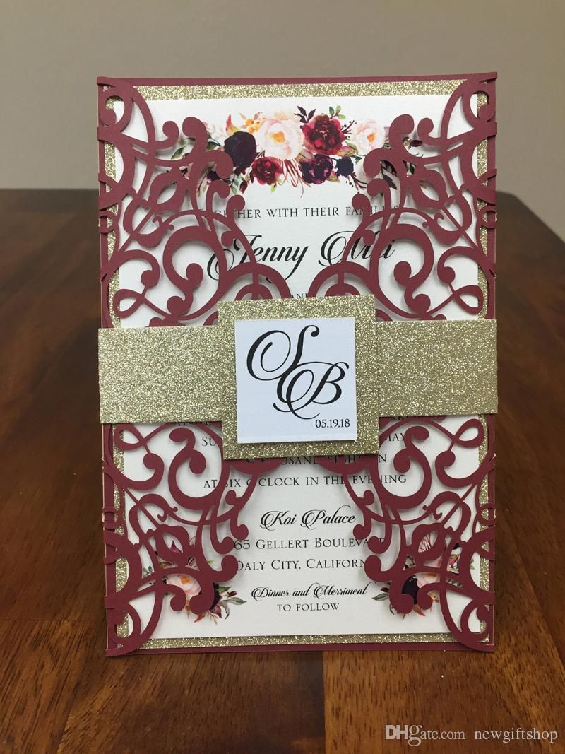 Burdy Lace Wedding Invites With Glitter Belly Band And Tag Diy Laser Cut Party Invitation Sets Free Shiping By Dhl