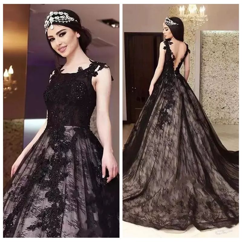 Scoop Neck Lace Wedding Dress Gothic