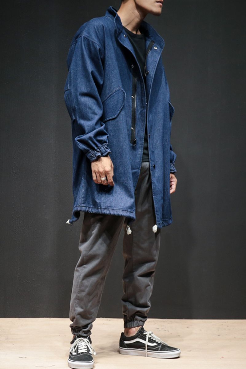 2021 Autumn Spring Men Denim Trench Coat Male Fashion Casual Loose Jean ...