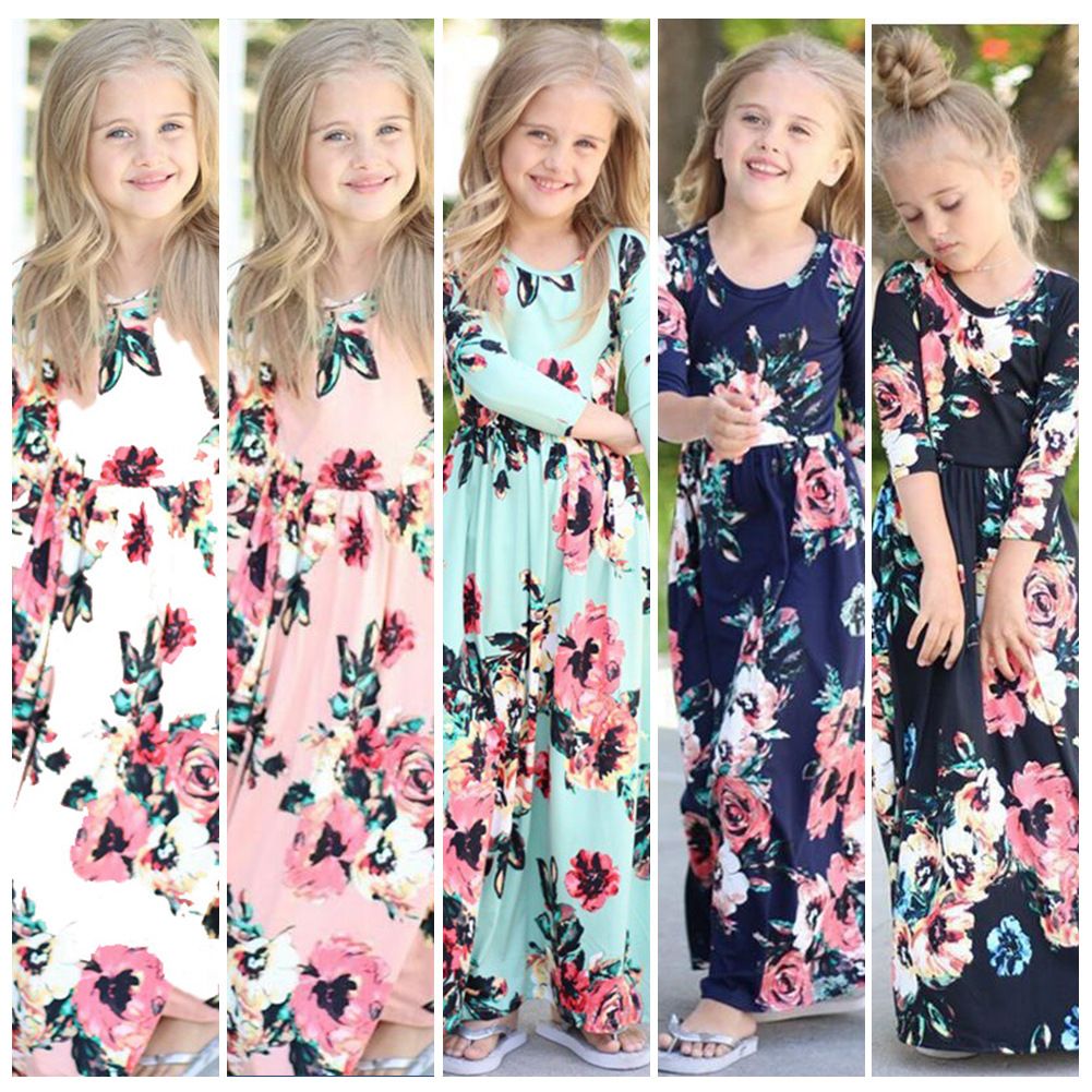 2021 Kids Baby Girl Dress Boho Floral Long Dress Clothing Long Sleeve Printed Summer Floral 