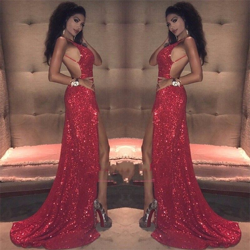 red sequin dress with split