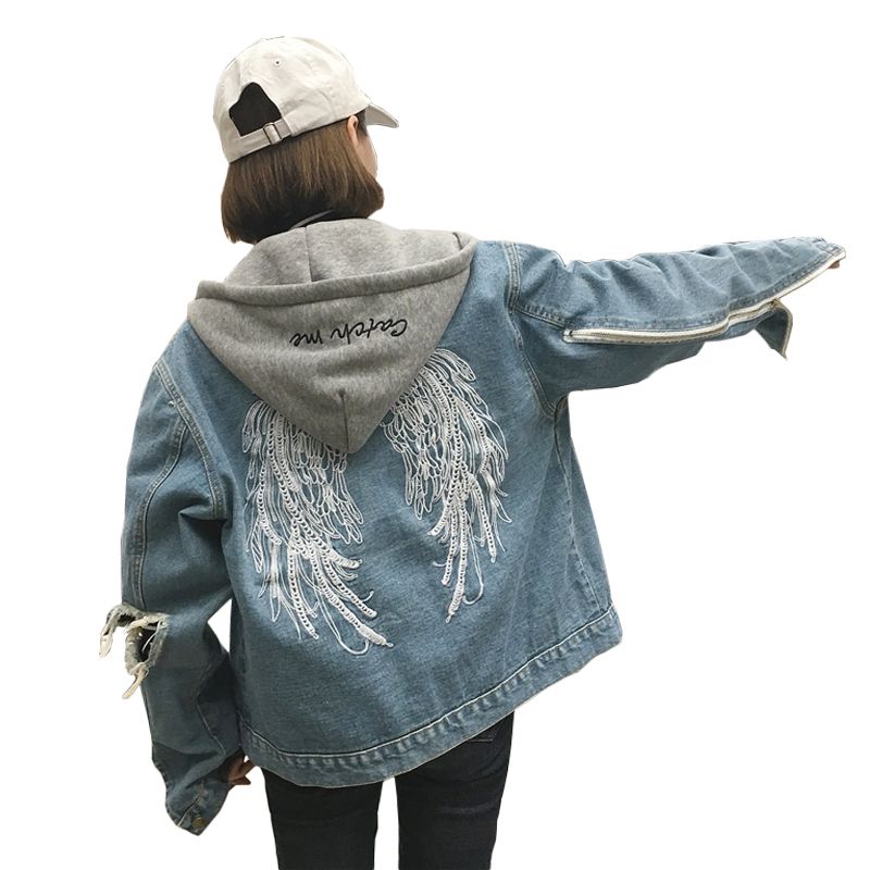 Satın Al çıkarılabilir Kaput Denim Ceket Işlemeli Gevşek Kot Ceket