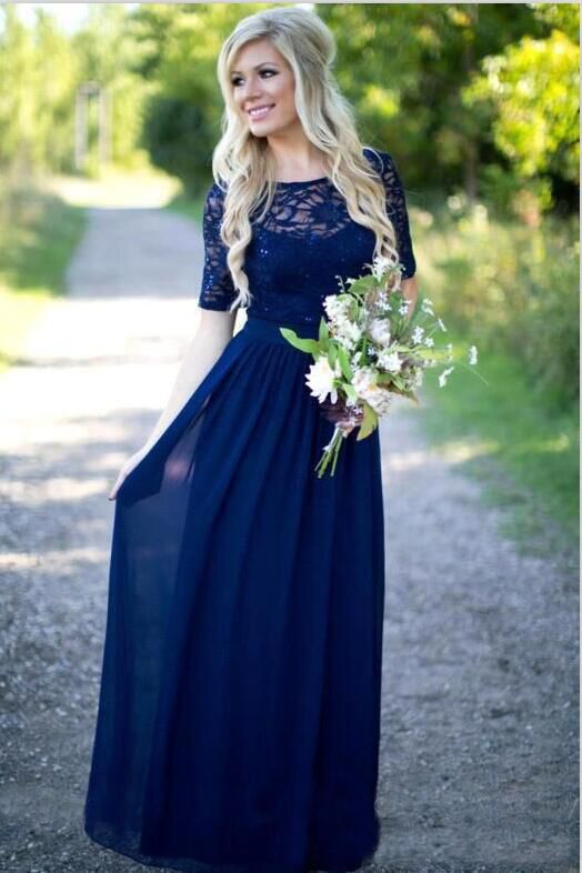 2018 Blue Lace Chiffon Long Country Bridesmaid Dresses Sexy Hollow Back ...