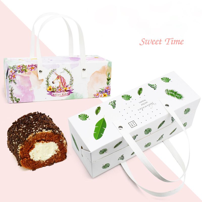 Unicorn Green Leaf Design Swiss Roll Cake Box With Handle Paper Gift Packaging Party Favor Wedding Bo Wrap And Ribbon