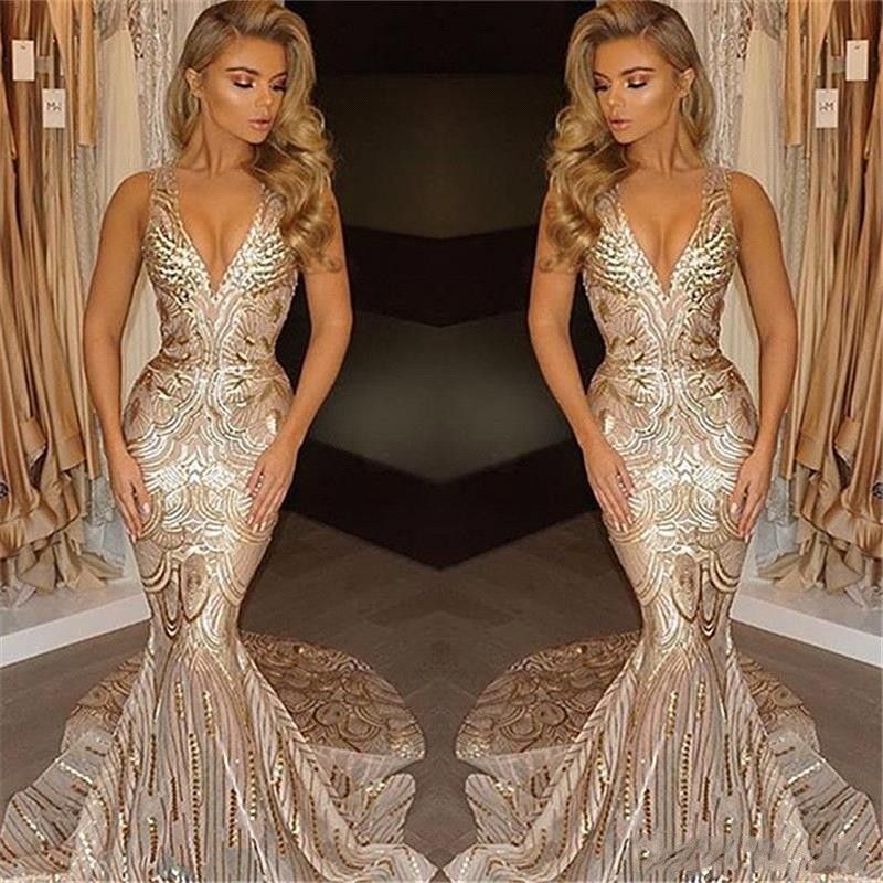 2018 New Luxury Gold Evening Dresses Mermaid V Neck Sexy African Prom ...