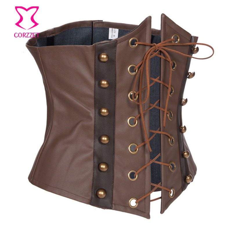 2020 Brown Leather Corset Underbust Gothic Spartilho Latex Waist