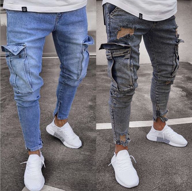 2019 Mens Ripped Jeans Biker Streetwear Blue Denim Pants Slim Long ...