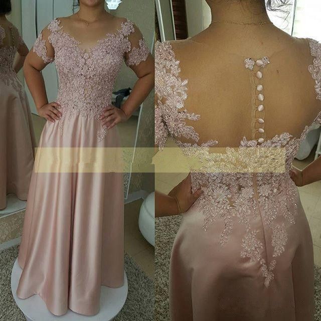 Elegant Pink Long Mother Of The Bride Dresses Short Sleeves Plus Size A ...