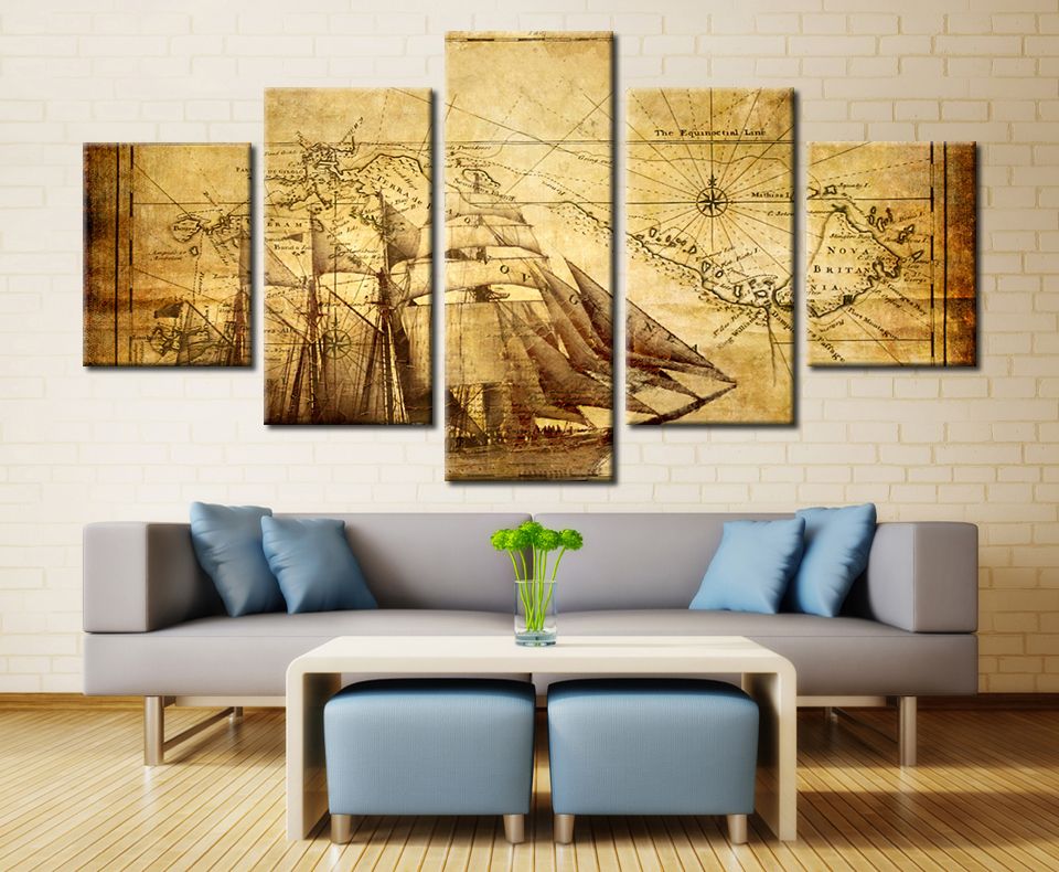 2019 No Frame 5 Panles Vintage World Map Spray Oil Painting Giclee No Frame 5 Panles Vintage World Map Spray Oil Painting Giclee Canvas Prints For Office Study Room Home Decoration