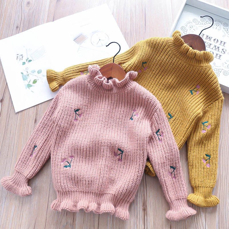 Girls Baby Embroidery Floral Crochet Knitted Sweaters Princess Pink Yellow Color Ruffles Autumn Sweet Kids Sweater Tops