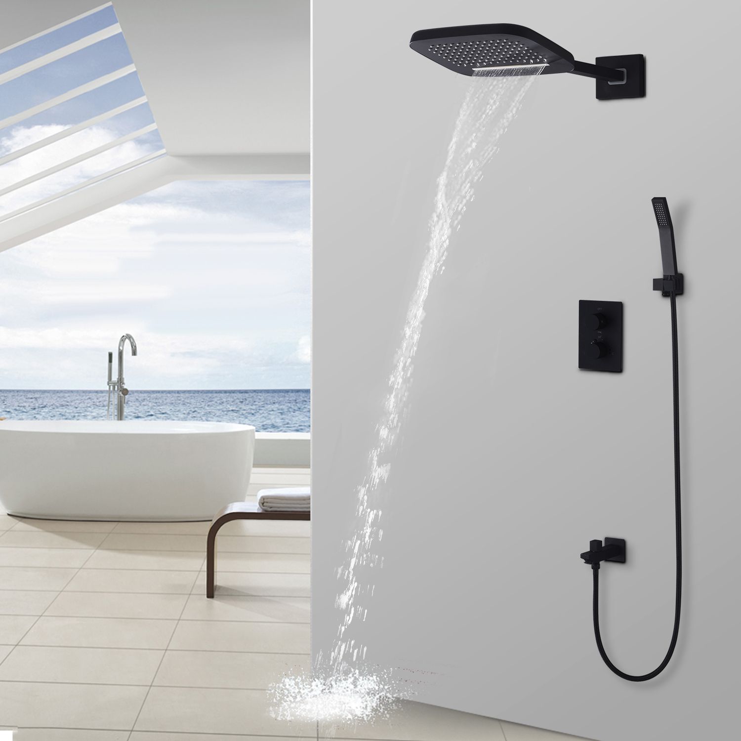 Black Shower Thermostatic Waterfall Rain Head Hand Black Shower Thermostatic Waterfall Rain Head Hand Set In Solid Brass Bathroom Faucet Wall Mounted System